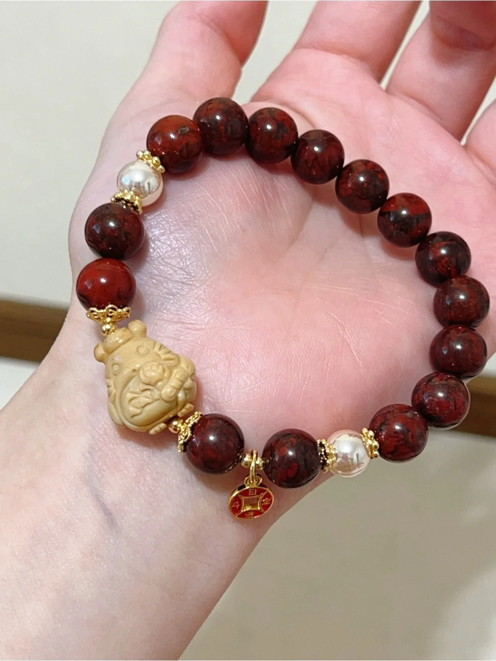 Natural Red Jasper Handmade Bracelet with Cute Alashan Agate Charm option 10mm